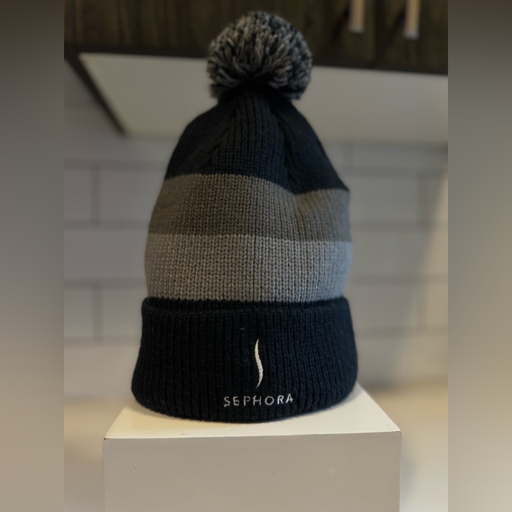 Sephora Black and Gray Pom-Pom Beanie